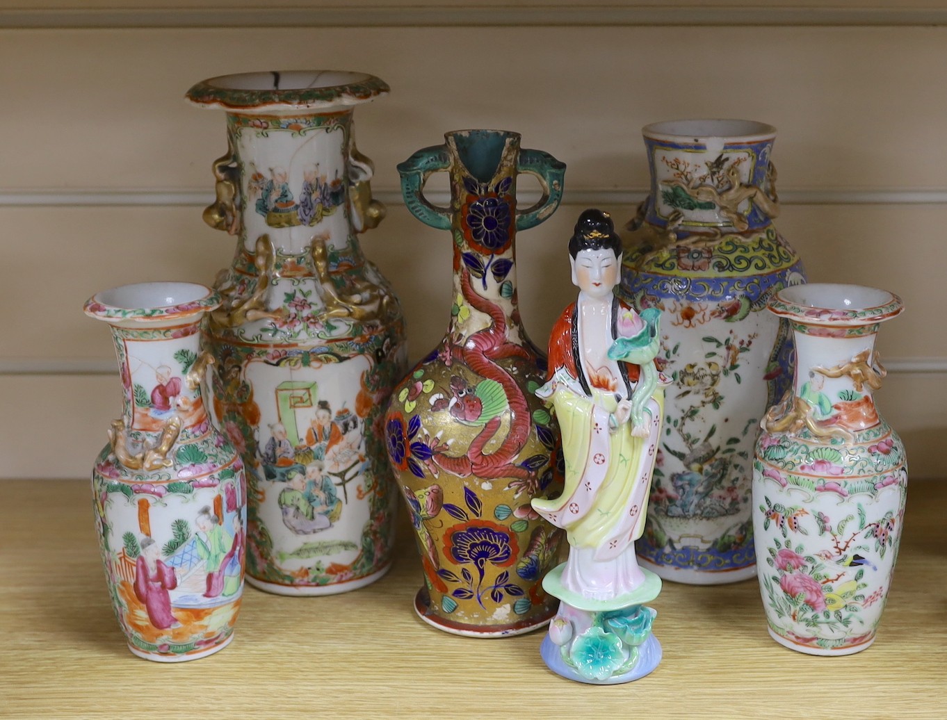 A group of 19th / 20th century Chinese vases and a figure of Guanyin, tallest 25cm